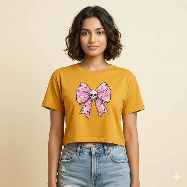 Skull Bow Graphic Mustard Crop T-Shirt