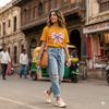 Skull Bow Graphic Mustard Crop T-Shirt