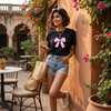 Elegant Pink Bow Print Black Crop Tee
