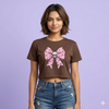 Skull Bow Graphic Brown Crop T-Shirt